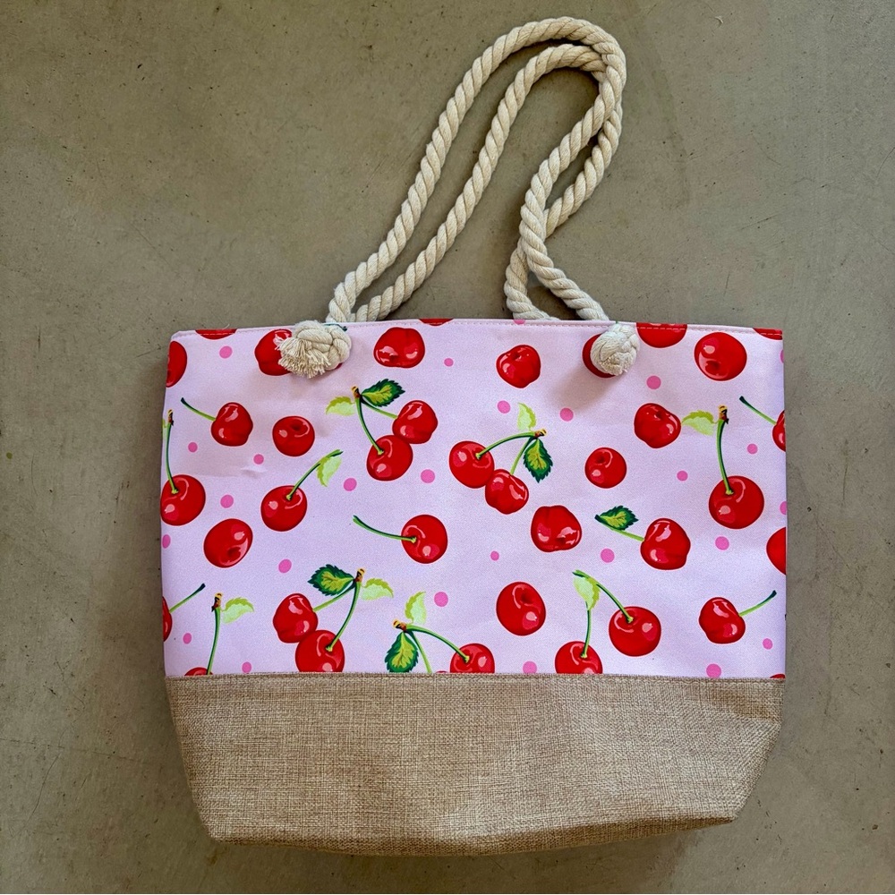 Pink Cherry Print Rope-Handle Tote Bag